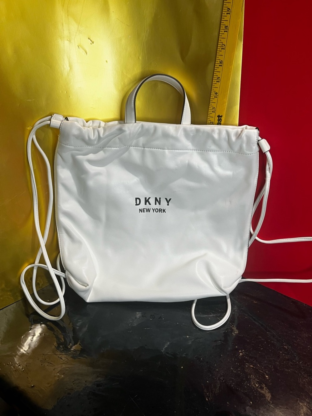 DKNY White Drawstring Backpack with Top Handles